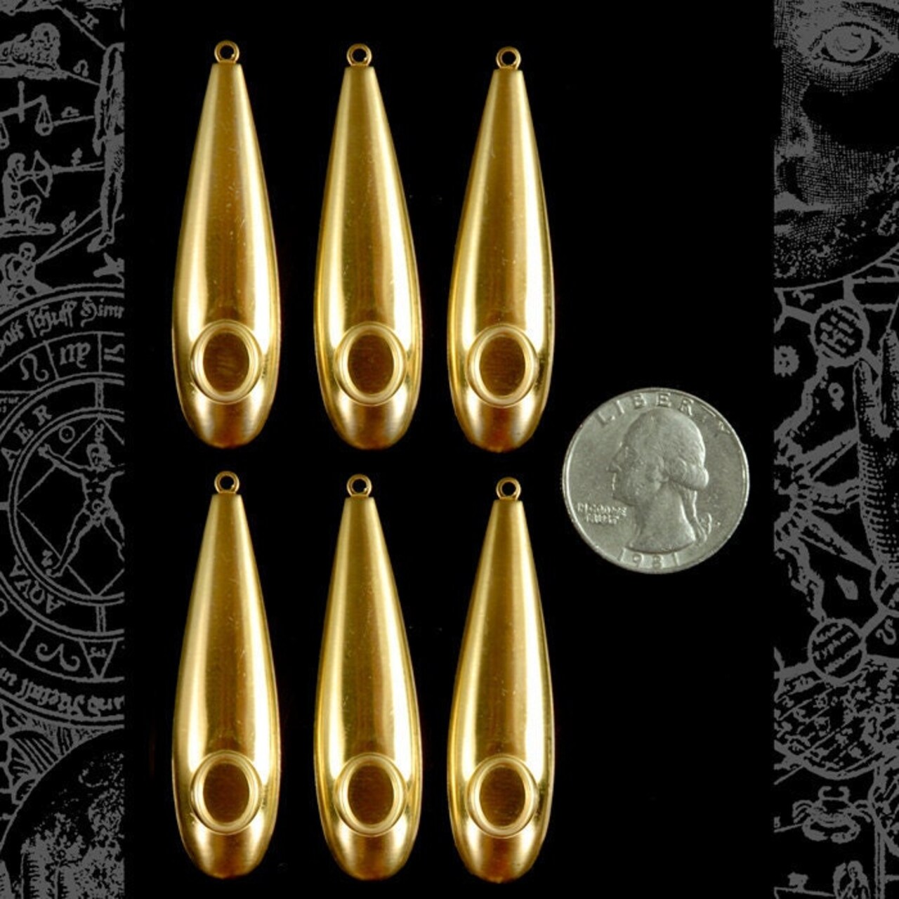 Teardrop Raw Brass Drops with Embedded 8x6mm Cameo or Cabochon Frames - Set of Six - B-F24